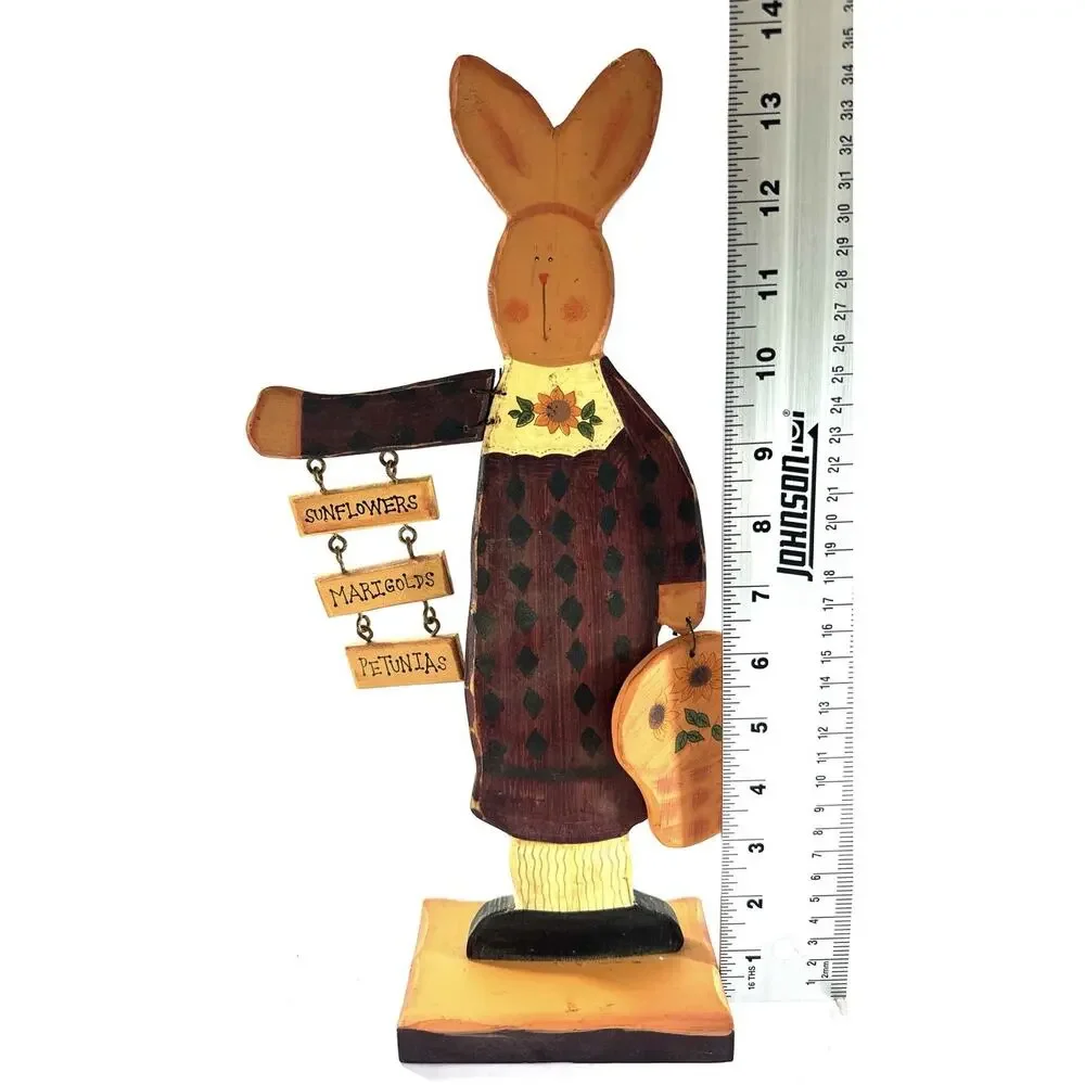 Hand Painted Wooden Bunny Figurine 14” Folk Art Rabbit Sunflower Primitive Decor